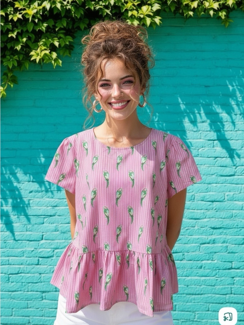 crown & ivy Pink Short Sleeve Peplum Top with Parrot Print. Tie back. - Picture 3 of 8